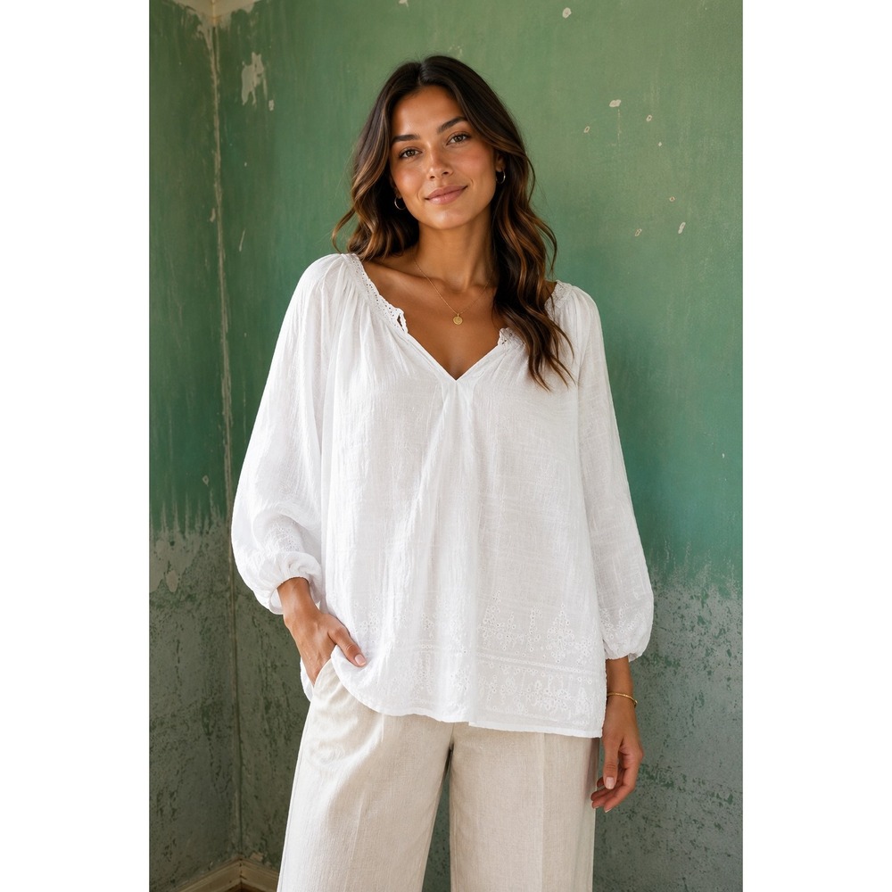 J. Jill White Textured 100% Cotton Peasant Blouse Women's SP Small Petite Boho